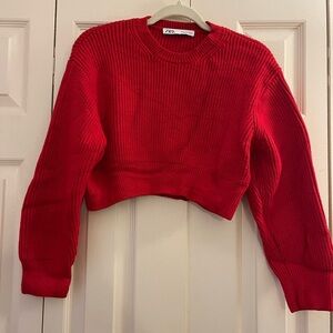 Zara Bold Red Ribbed Knit Cropped Sweater